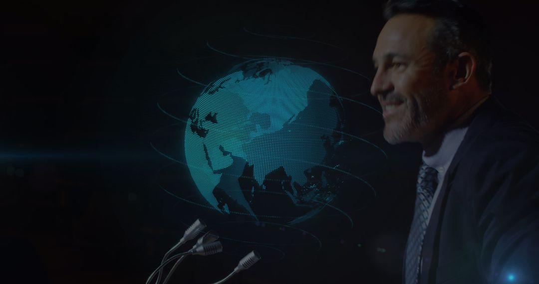 Global Businessman Giving Speech with Spinning Globe