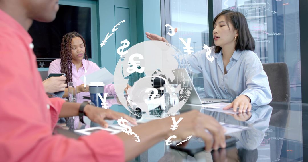 Multicultural team collaborating around holographic globe and currency symbols in conference room