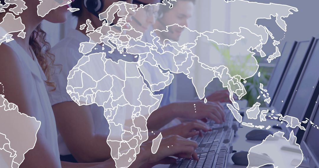 Call Center Team with Global Communication Network Map Overlay