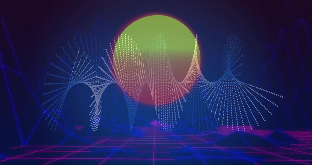 Glowing Neon Sun Casting Halo Over Retro-Futuristic Grid with Dotted Waveforms synthwave