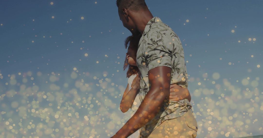 Romantic Couple Embracing by Peaceful Beach with Sparkling Bokeh