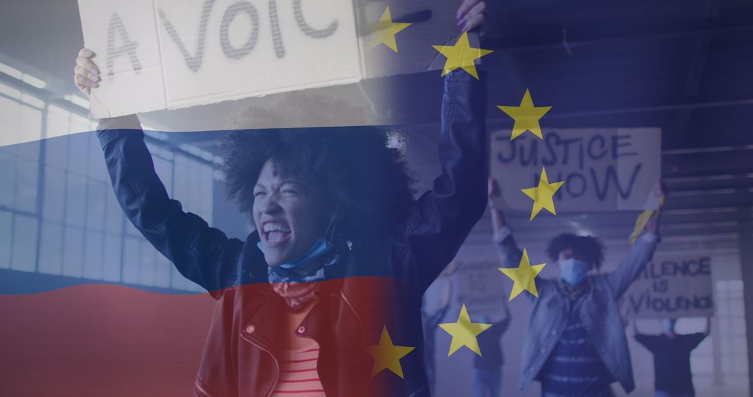 Protester Overlaid with EU and Russian Flags Symbolizing Political Tension