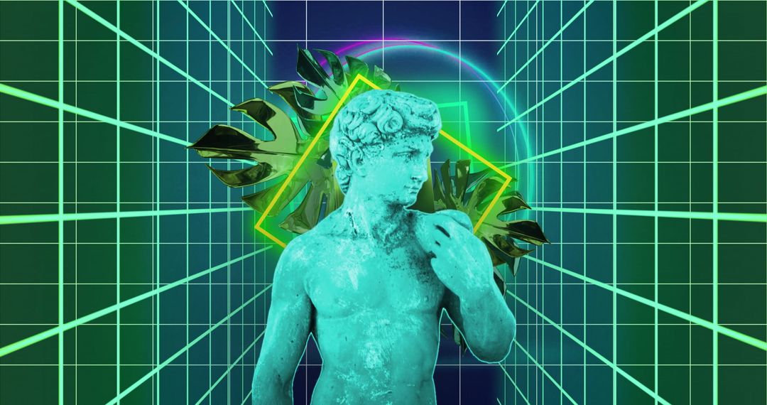 Futuristic Sculpture with Geometric Grid Background