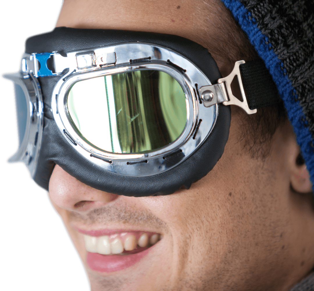 Transparent Side View of Smiling Man in Stylish Aviator Goggles