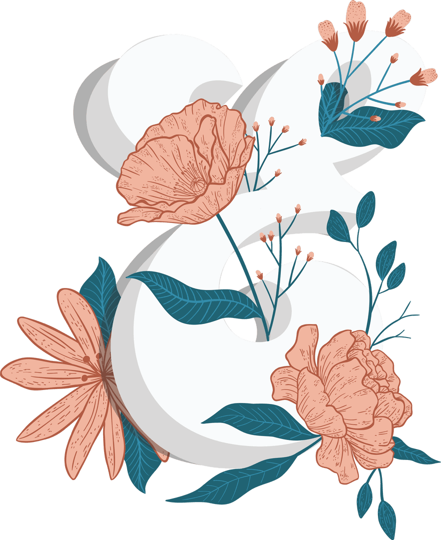 Vintage Floral Arrangement with Ampersand Character on Transparent Background