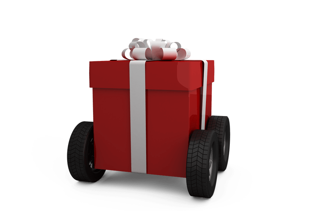 Creative Red Gift Box on Wheels with Ribbon on Transparent Background