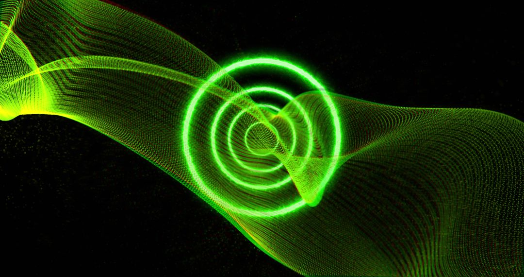 Vibrant Green Neon Waves and Circles with Black Background