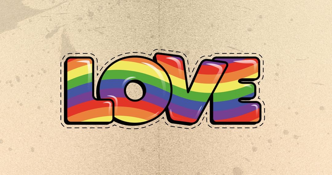 Rainbow Love Text with Stitched Outline on Yellow Backdrop