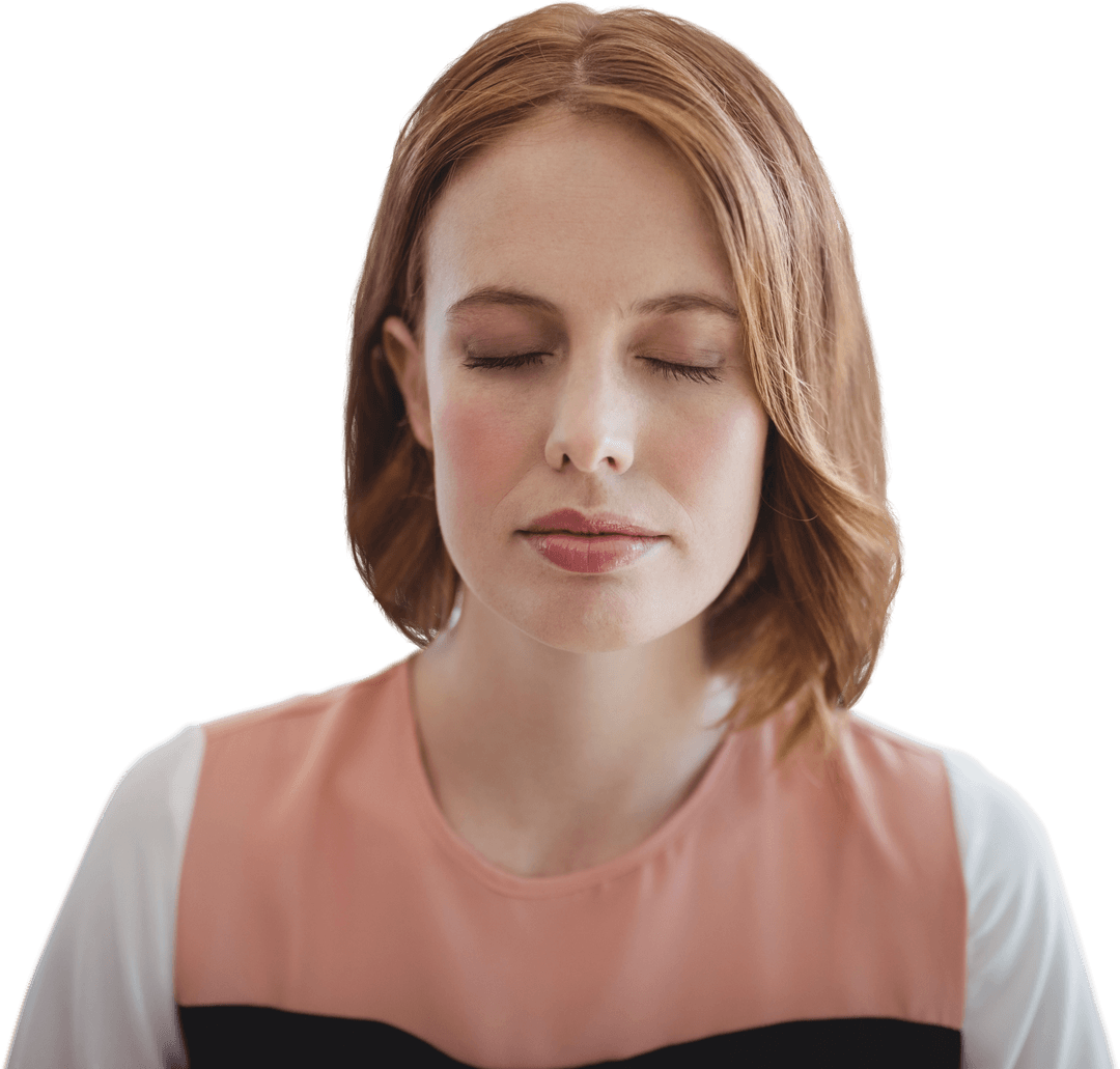 Young Red-haired Woman with Eyes Closed on Transparent Background