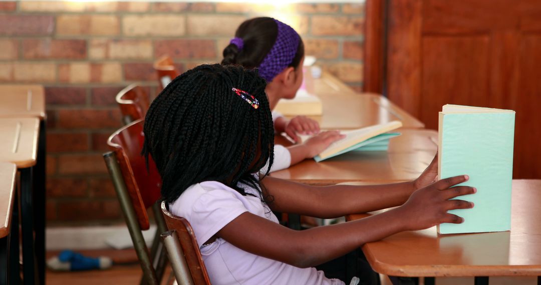 Children Reading Books in Classroom Setting at Elementary School