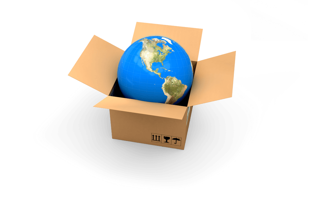 Globe Inside Cardboard Box on Transparent Background