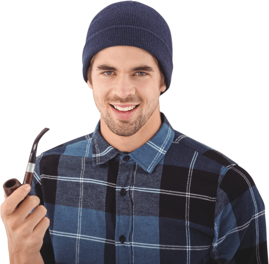 Joyful Hipster Man with Pipe on Transparent Background