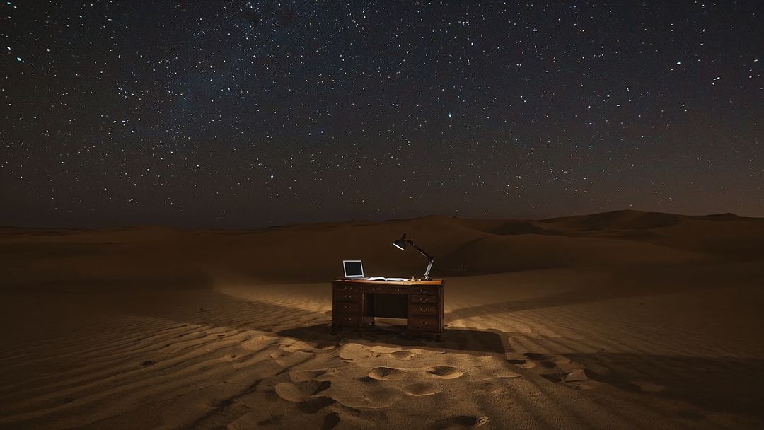 Desk and Laptop Under Starry Desert Sky at Night