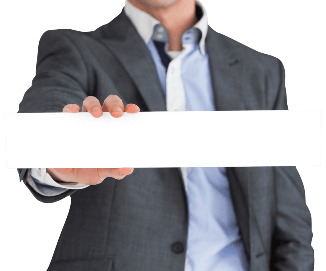 Transparent Businessman in Grey Suit Holding Card