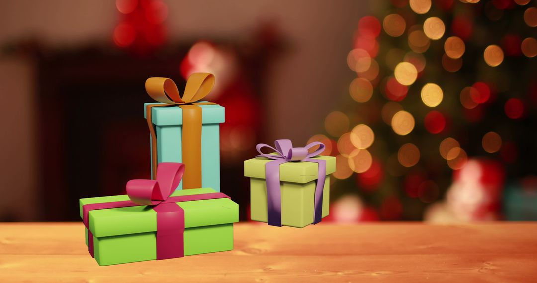 Colorful Christmas Gifts with Bokeh Holiday Lights