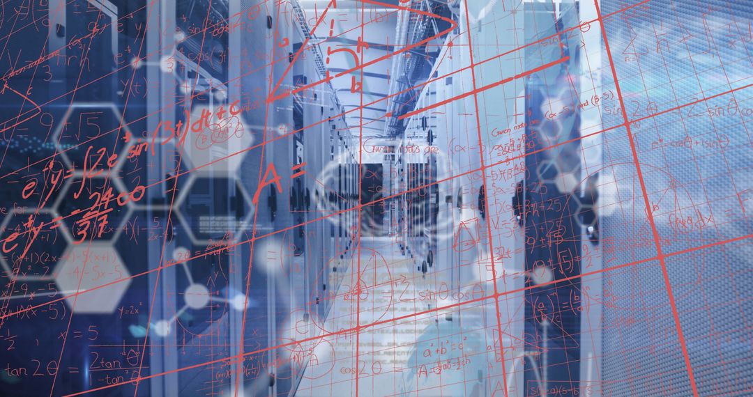 Mathematical Formulas Overlapping Modern Server Room Technology