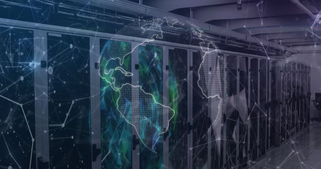 Global Network Concept with Data Servers and Digital World Map Overlay