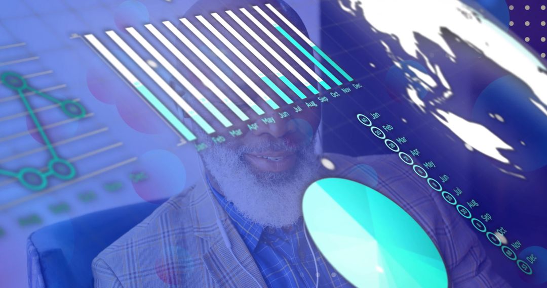 Senior Man Analyzing Virtual Data Charts and Graphs