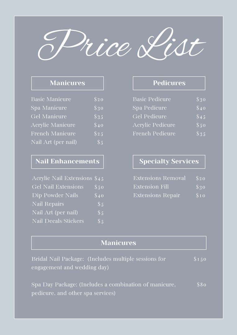 Elegant Beauty Spa Price List With Nail Care Services - Download Free Stock Templates Pikwizard.com