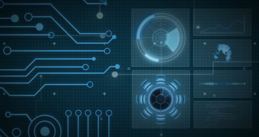 Digital interface with data scope panels and globe