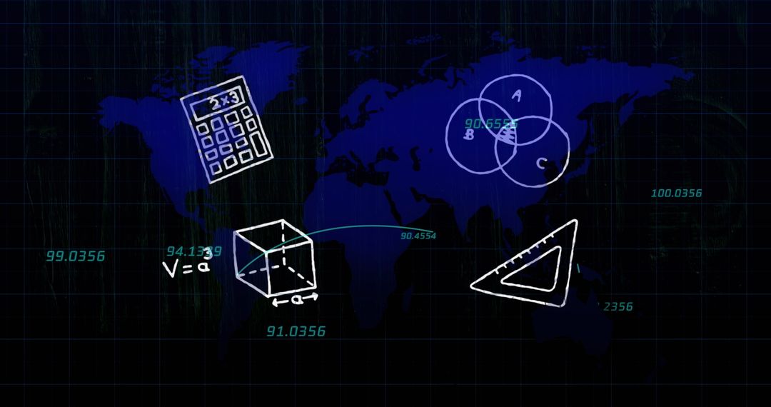 Digital Math Symbols Overlaid on Global Technology Map
