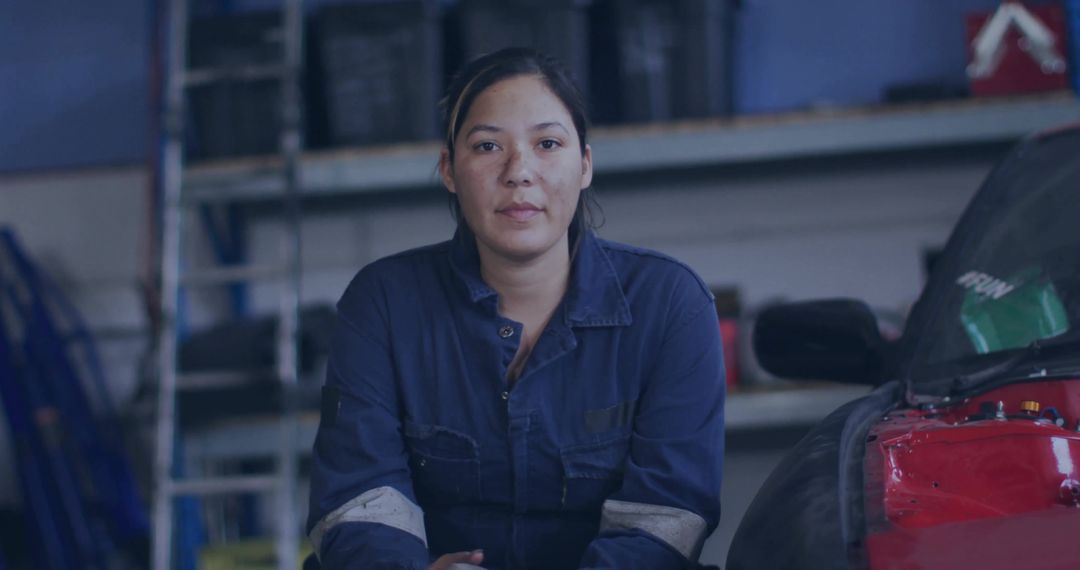 Female Mechanic Inspecting Car Engine in Workshop