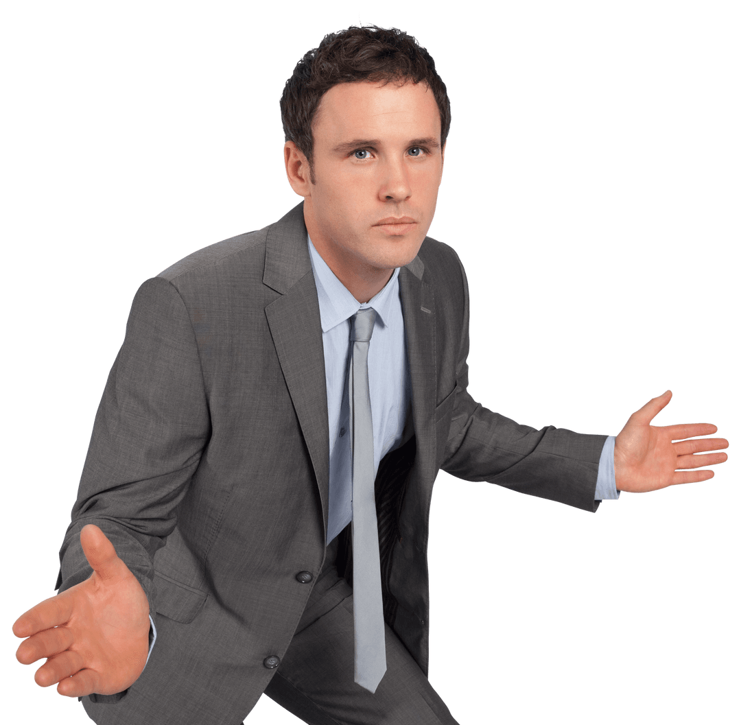 Businessman in Suit Gesturing with Hands Transparent Background