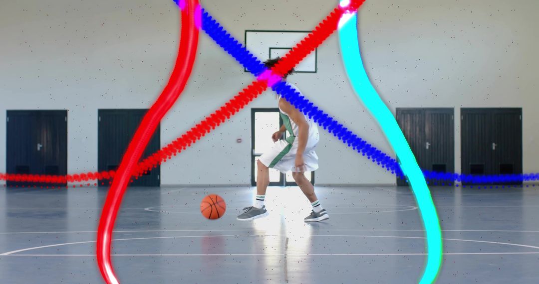 Basketball Athlete Dribbling Amidst Colorful Motion Effects