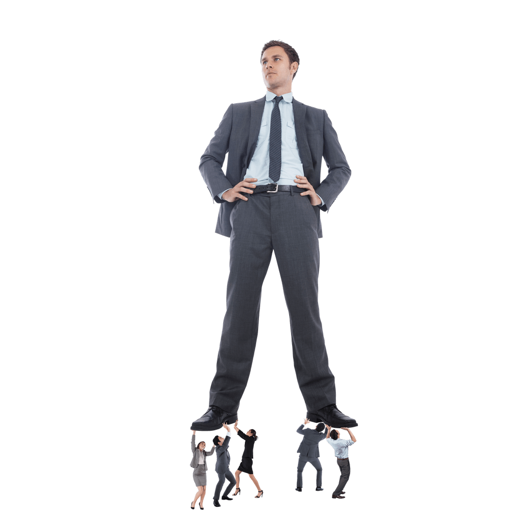 Transparent Powerful Businessman Standing Tall Supported by Small Team