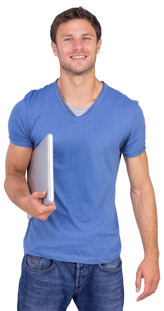 Transparent Background Man Holding Laptop Smiling Friendly