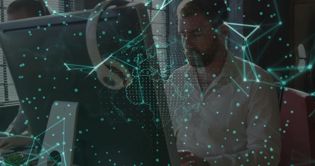 Tech Innovators Collaborating in Modern Office with Digital Network Overlay