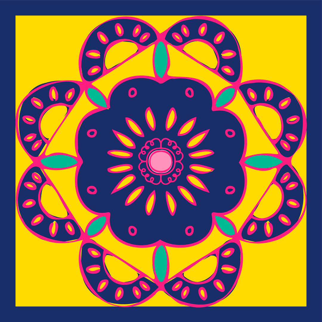 Transparent Mandala with Vibrant Navy Rosette Petals and Leaves