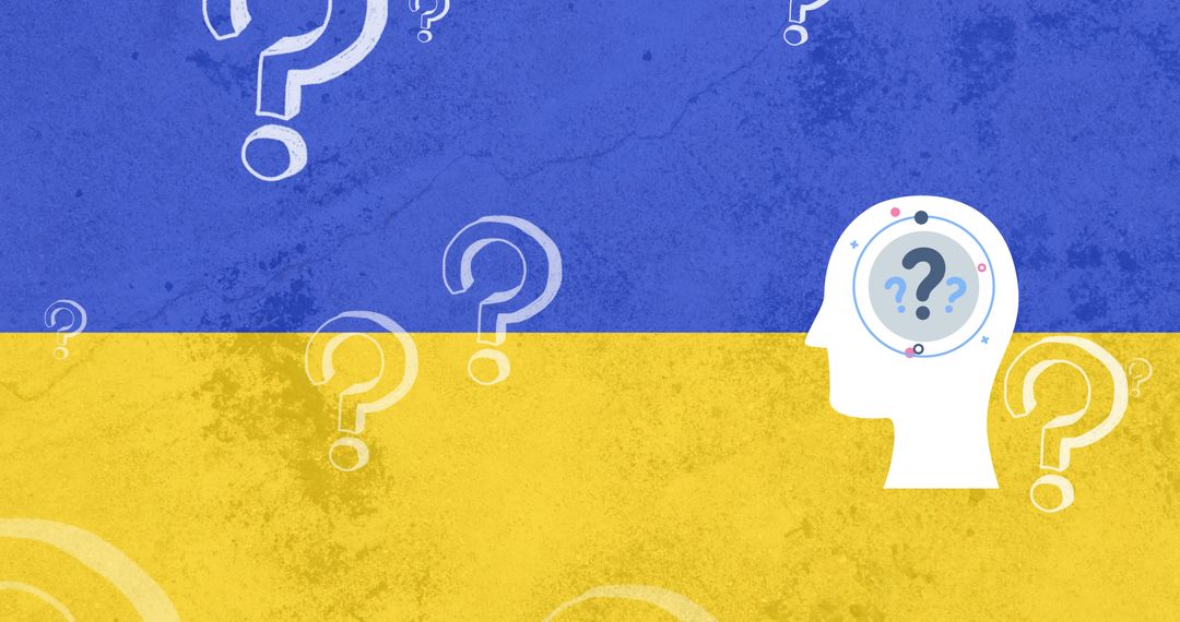 Silhouette and Question Marks over Ukrainian Flag Symbolizing Uncertainty