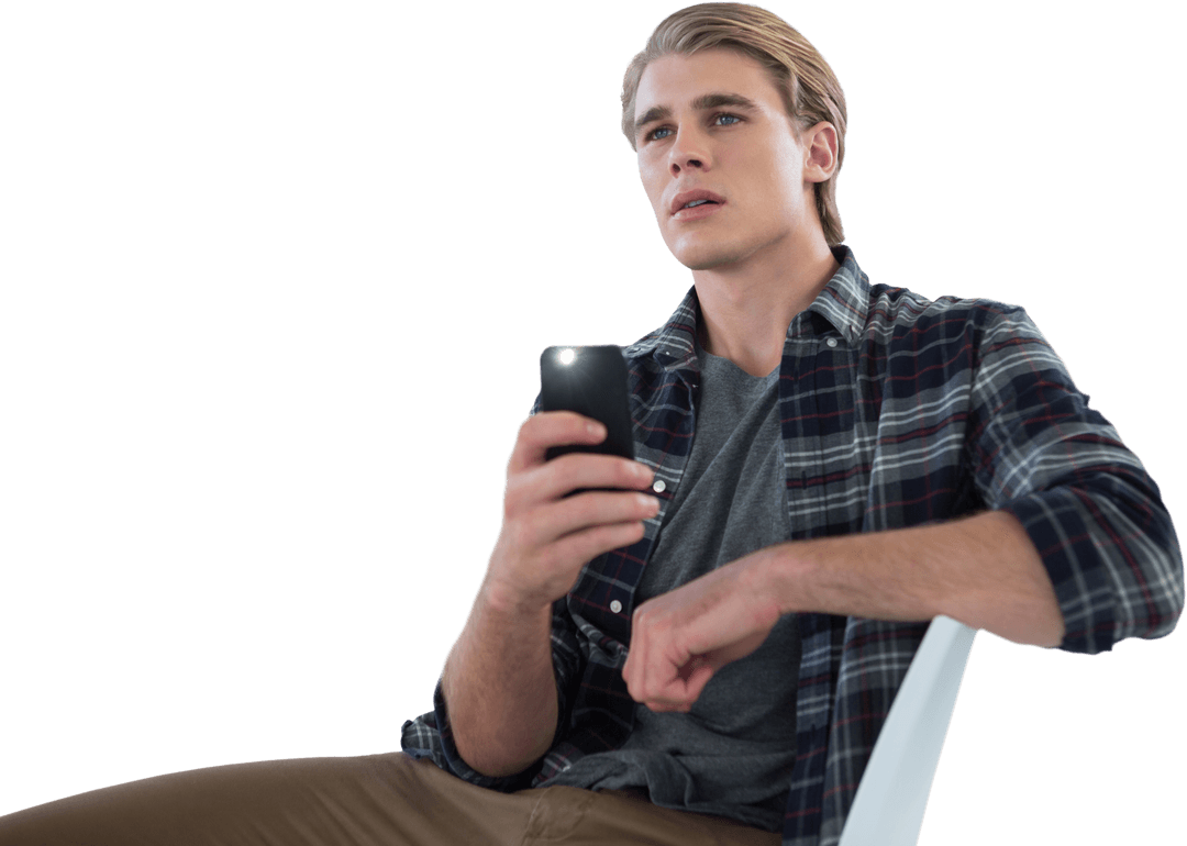 Young Man Taking Photo with Smartphone Transparent Background