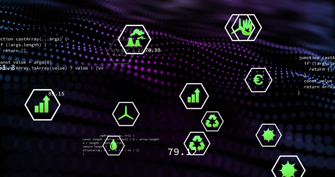Digital Environmental Finance Interface with Hexagon Icons and Code