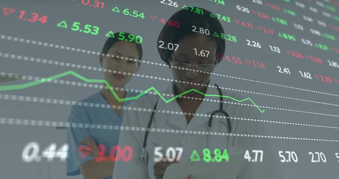 Medical Professional Analyzing Digital Market Data Overlay in Clinic