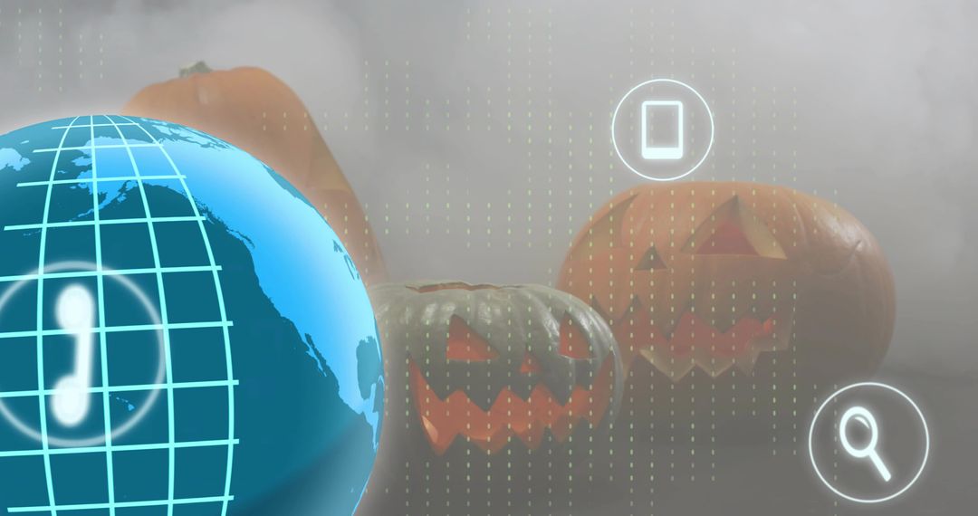 Globe hologram blending with carved pumpkins in foggy mixed reality Halloween scene