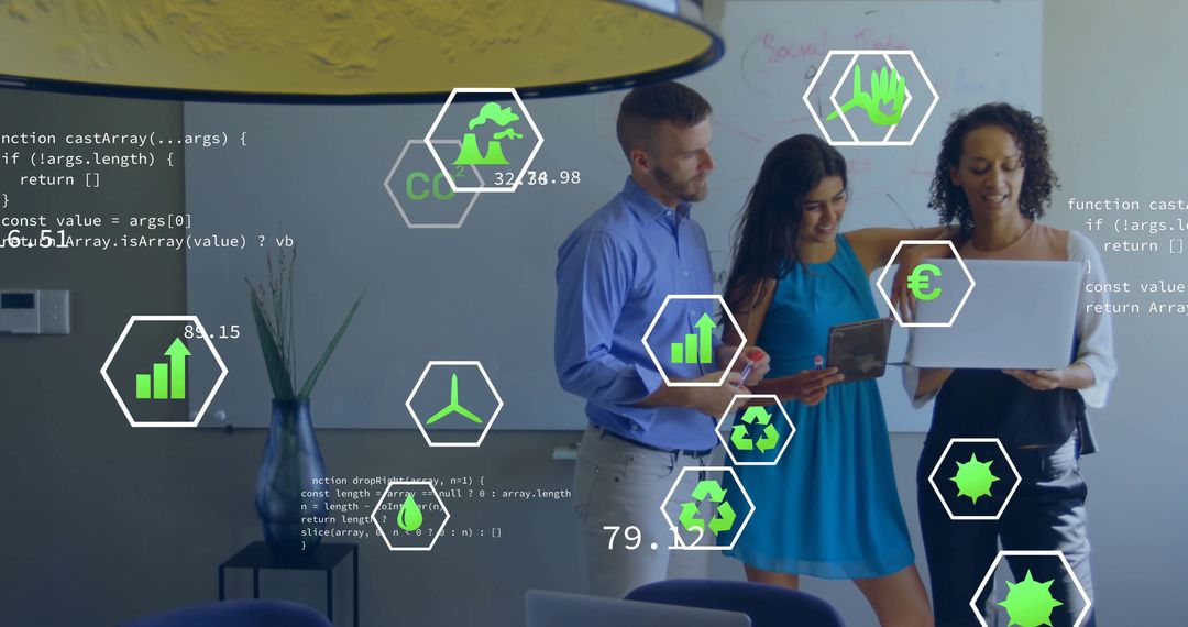 Diverse Team Analyzing Eco Data with Holographic Icons in Office