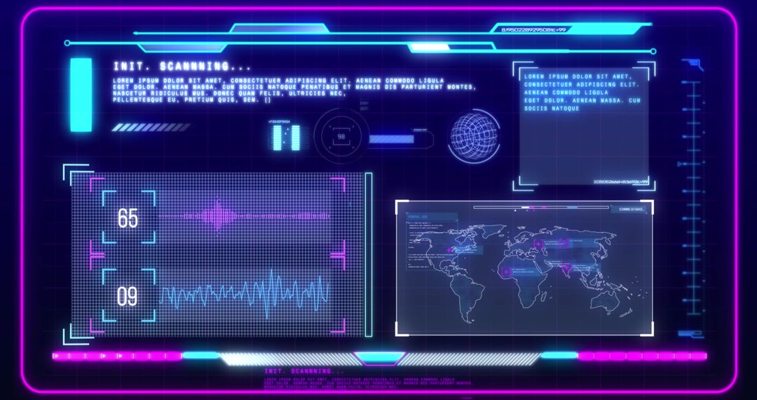 Futuristic Digital Interface with World Map and Scanning Text
