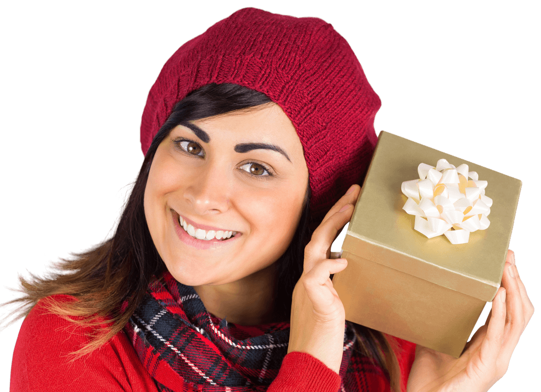 Brunette Woman in Red Hat Holding Gift with Transparent Bow