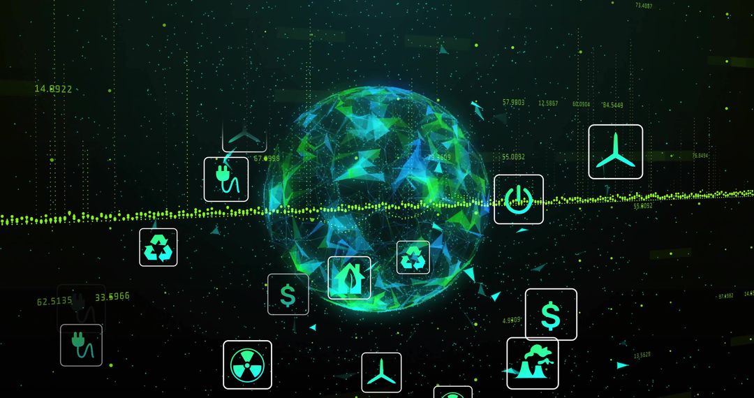Futuristic Digital Globe with Eco Energy Icons and Streaming Data