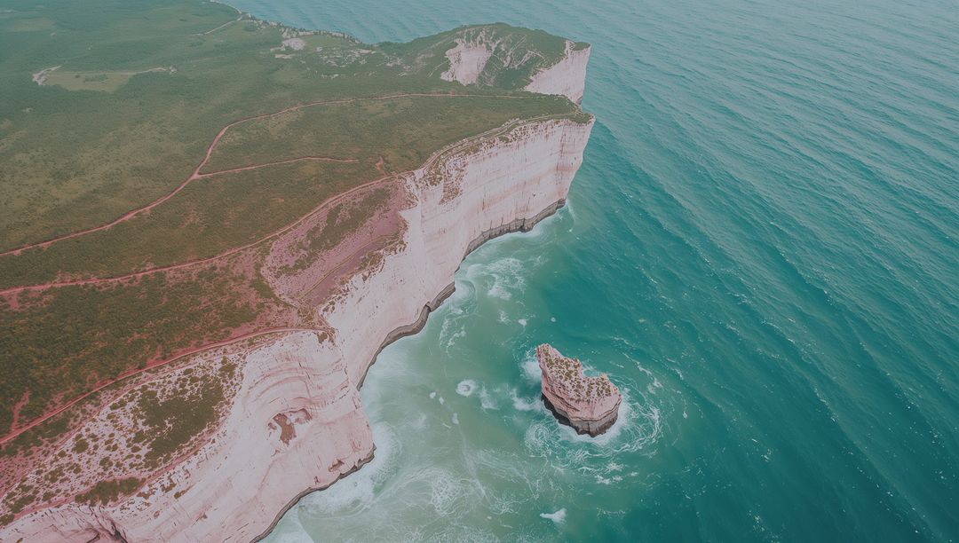 Scenic Aerial View of Rocky Chalk Cliffs Overlooking Turquoise Ocean
