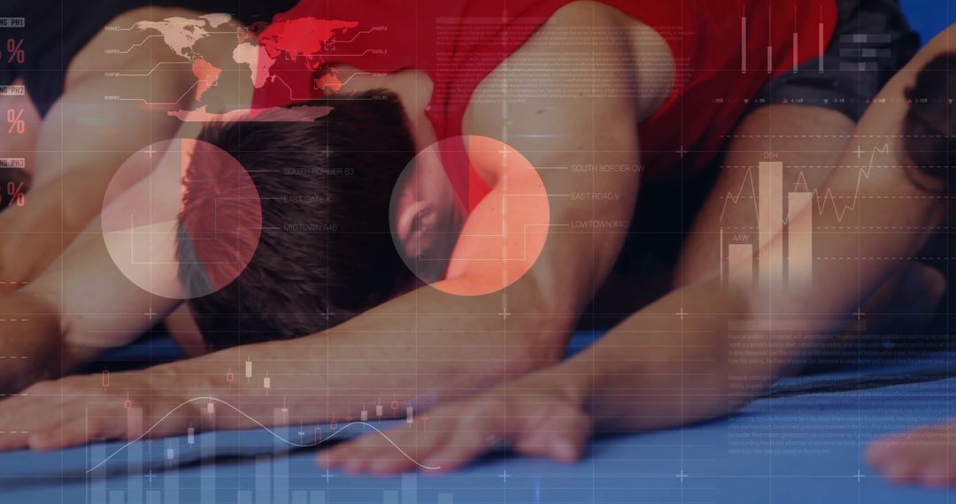 Men Engaged in Forward Stretching Pose with Technology Overlay