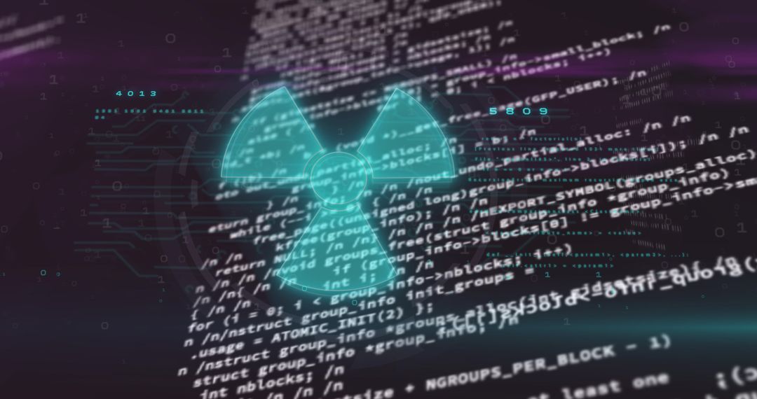 Nuclear Symbol Overlaying Strands of Digital Code Circuit