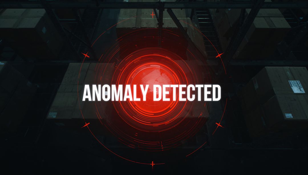 Futuristic HUD Detecting Anomaly in Warehouse with Boxes and Racks