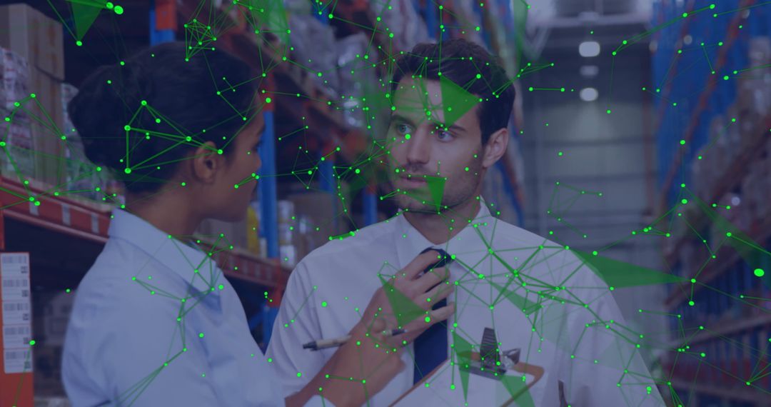 Two Professionals in Warehouse with Digital Connections Overlay