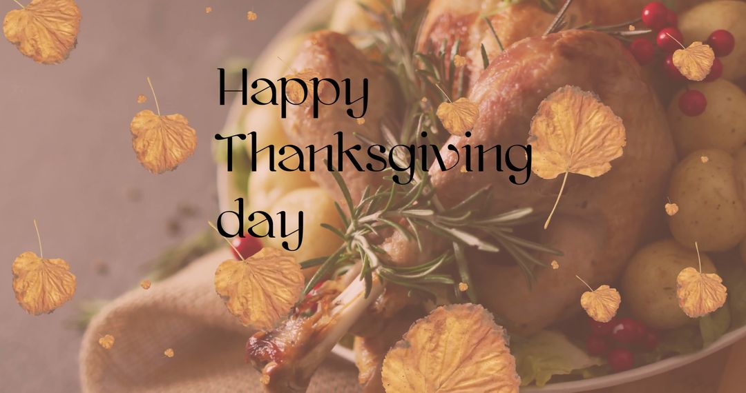Thanksgiving Day Feast with Fall Leaves and Greeting Text