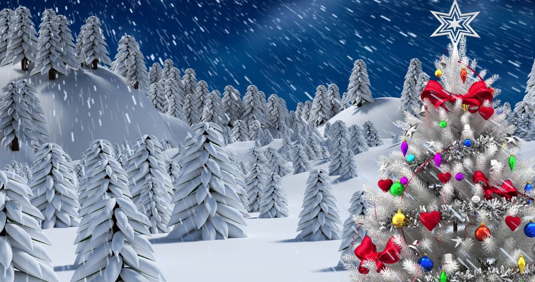 Snowy Winter Wonderland with Decorated Christmas Tree