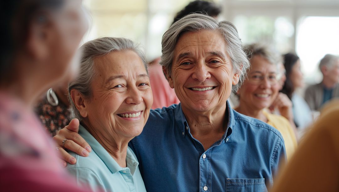 Smiling senior couple enjoying community gathering and friendship in daylight