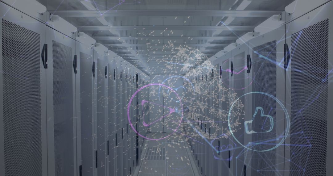 Futuristic Server Room with Digital Data and Holographic Displays